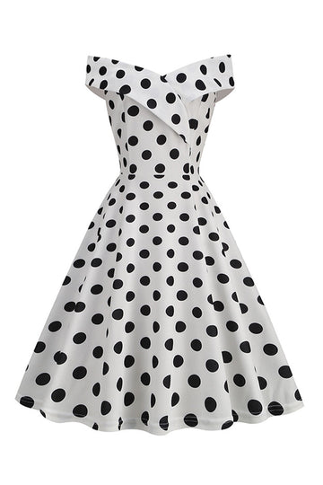 Blanco Fuera del Hombro Lunares Vestido Vintage